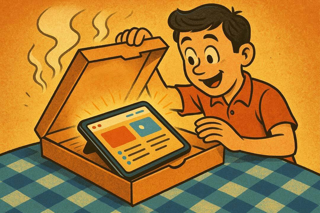 smiling male opening a pizza box and finding a tablet inside with a new website