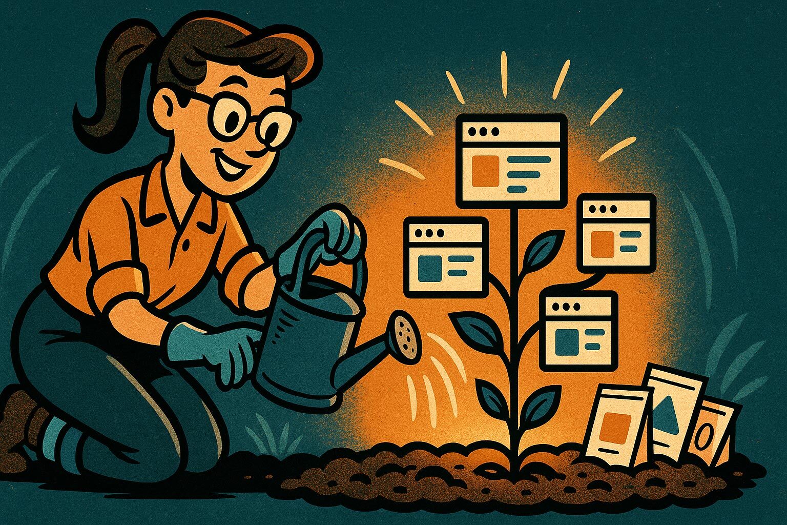 starting-with-essential-pages-01 a woman nurturing a plant which is growing webpages